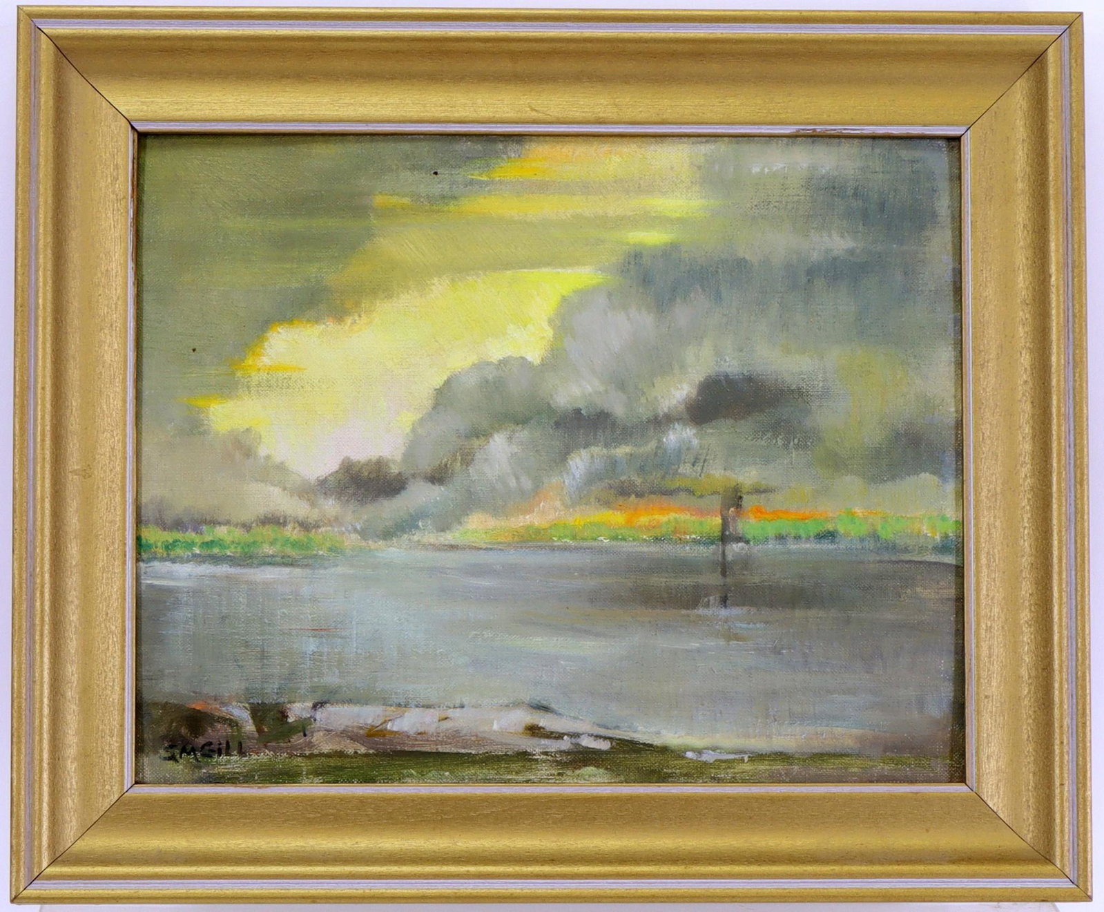Sue May Gailey Wescott Gill (1887 - 1989): Oil on board, "Sunset on the Bay at [ill] N. Jersey", SLL. Coastal landscape. 7.75"h x 9.75"w sight and 10.5"h x 12.5"w framed **Please Note: This item is NOT eligible for in-house shipping. Please re