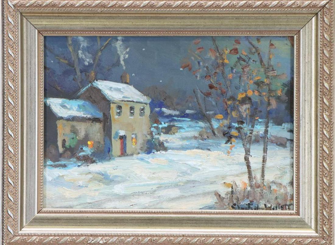 Christopher Willett (born 1959): Oil on board, "December - Plumstead Pa, Bucks County, Pa", SLR. Winter nocturne of a snow dusted cottage. 5"h x 7"w and 6.5"h x 8.5"w framed **Please Note: This item is NOT eligible for in-house shipp