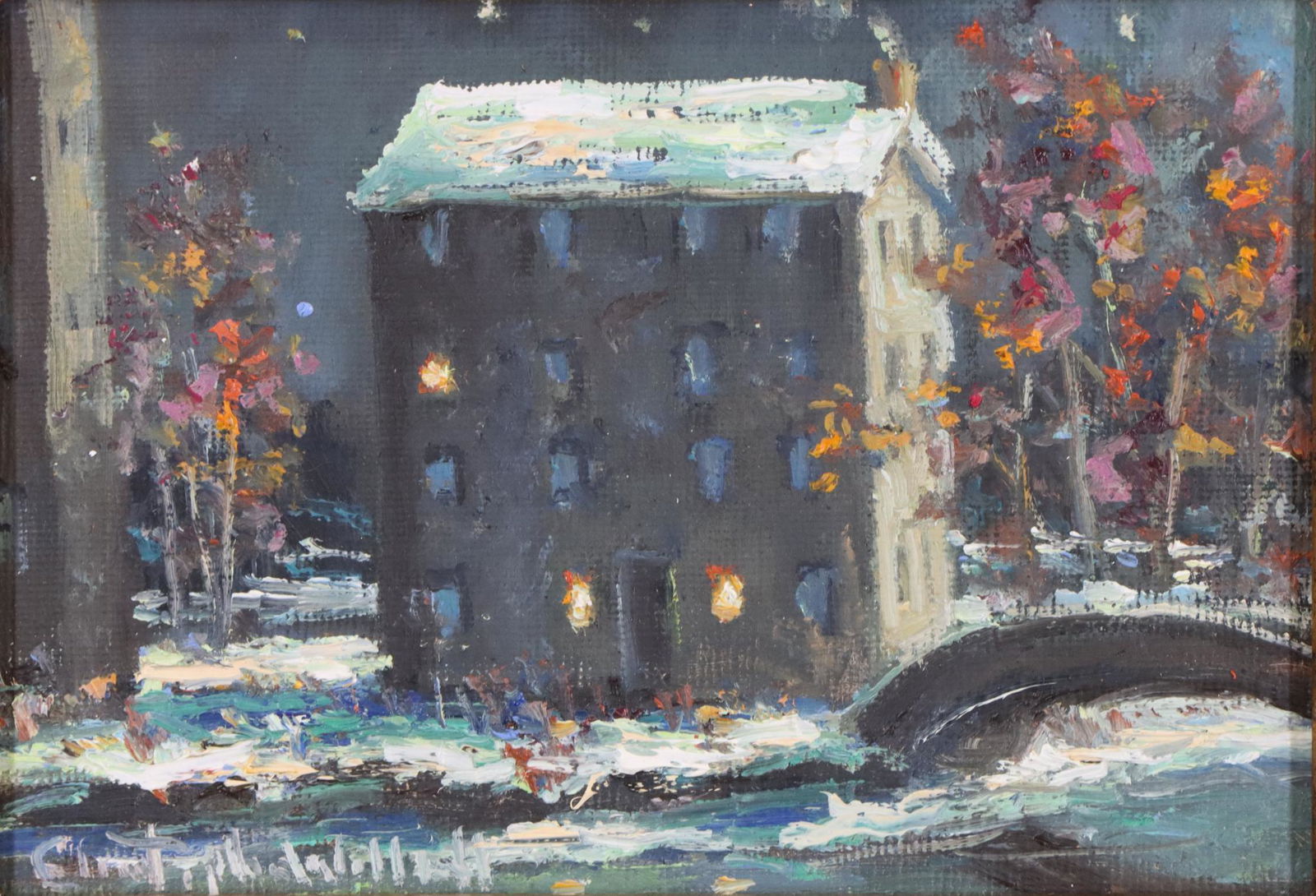 Christopher Willett (born 1959): Oil on board, "New Hope Paper Mill, Bucks County Pa", SLL and en verso with a map. Winter nocturne of the snow covered mill. 5"h x 7"w and 12"h x 14"w framed **Please Note: This item is NOT eligible f