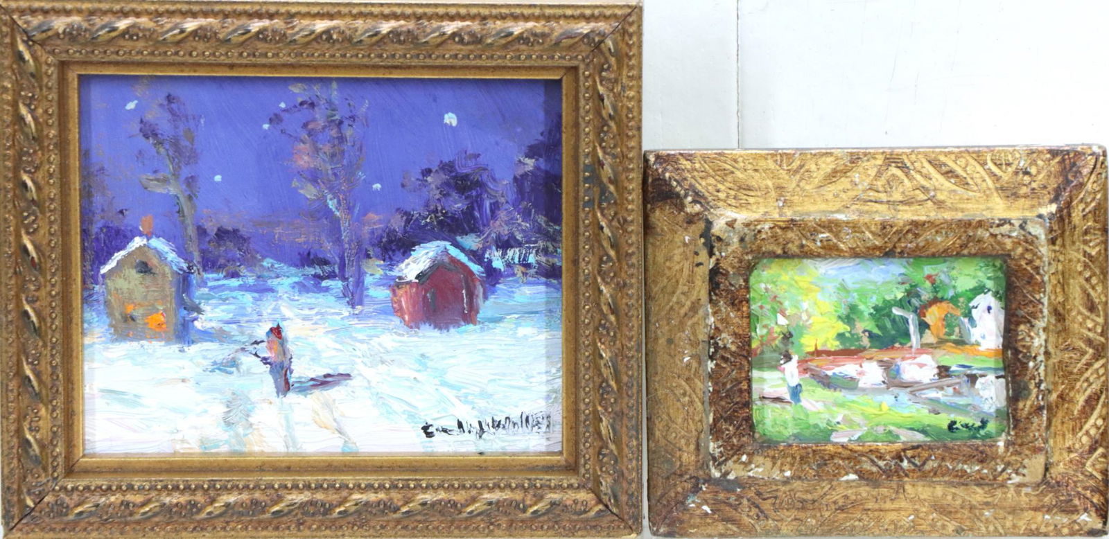 Christopher Willett (born 1959): Miniature pair of oils on board. "Evening Walk, Bucks County", SLR and en verso and "Lock House, New Hope, Pa", ILR and signed en verso. 2.75"h x 3.25"w and 3.25"h x 4"w framed and 1.5"h x 1.75"w and