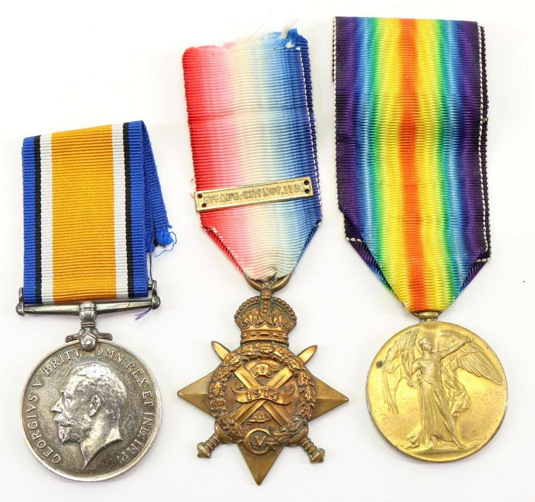 British World War One Medal Trio-6th Dragoon Guards: British WWI medal trio including 1.)A 1914 Star medal with "5TH AUG-22ND NOV.1914" bar impressed named "5318 SJT E.C. DELMEGE. 6/D.GDS.". 2.) British War medal impressed named "6DG-5318 SJT E.C. DELME