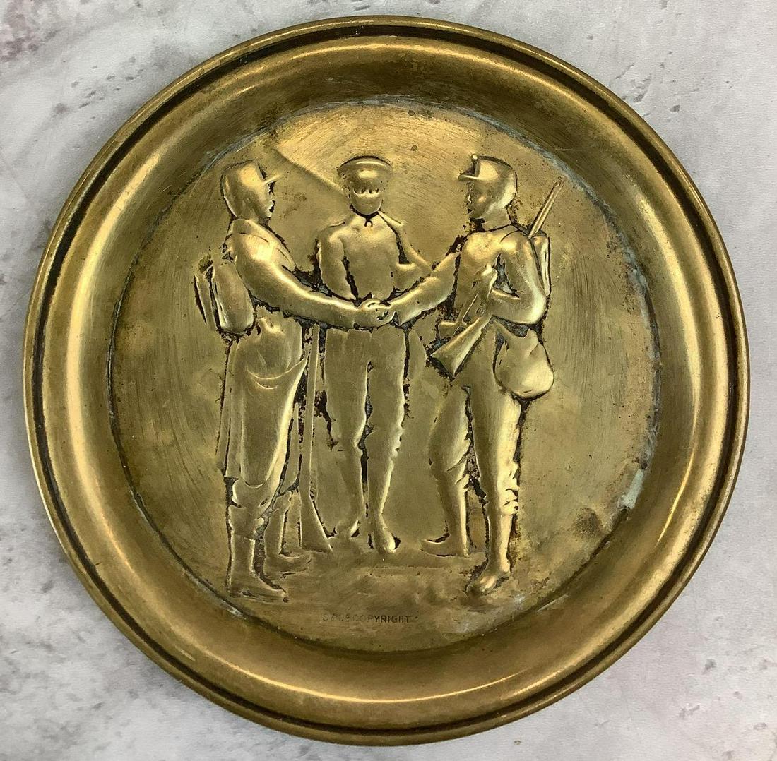 Boer War & World War I Items: Metal plaques, pin, and tray related to the Boer War and World War I including; 1.) A Boer War tribute poem medallion, with 'A Gentleman in Khaki' soldier holding a rifle on obverse and a poem by Rudy