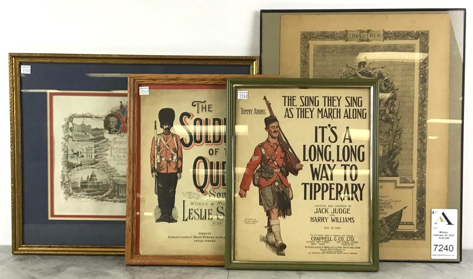 British and French Framed Military Related Ephemera: British and French framed military related ephemera including; 1.) Sheet music titled "The Soldiers of the Queen" by Leslie Stuart published by The Anglo-Canadian Music publishers' Association Limited