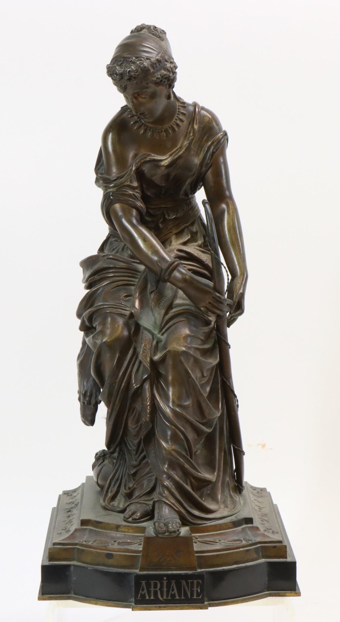 Emile Bruchon (French 1806-1895): Bronze sculpture titled "Ariane", depicting the Mythological princess, signed en verso, mounted to a slate base. 18"h x 8.25"w x 8.5"d **Please Note: This item is NOT eligible for in-house shipping. P