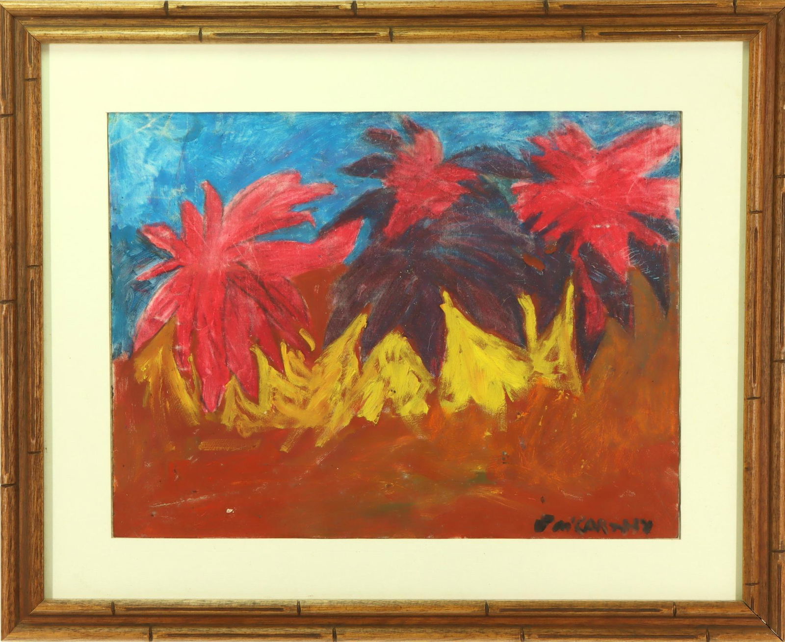 Justin McCarthy (1891 - 1977): Oil on canvasboard, SLR. Modern naive floral. 12"h x 16" and 18"h x 22"w **Please Note: This item is NOT eligible for in-house shipping. Please refer to the terms and conditions of this auction for re