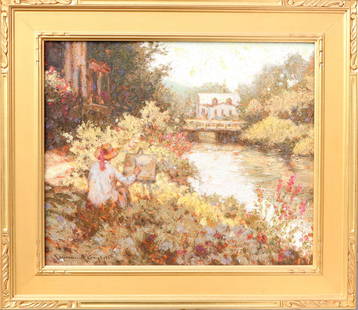 Laurence A Campbell (Born 1939): Oil on canvas, "Evie Painting by the Canal", SLL. Impressionist landscape featuring the artists wife. 20"h x 24"w and 27.5"h x 31.5"w framed **Please Note: This item is NOT eligible for in-house shipp