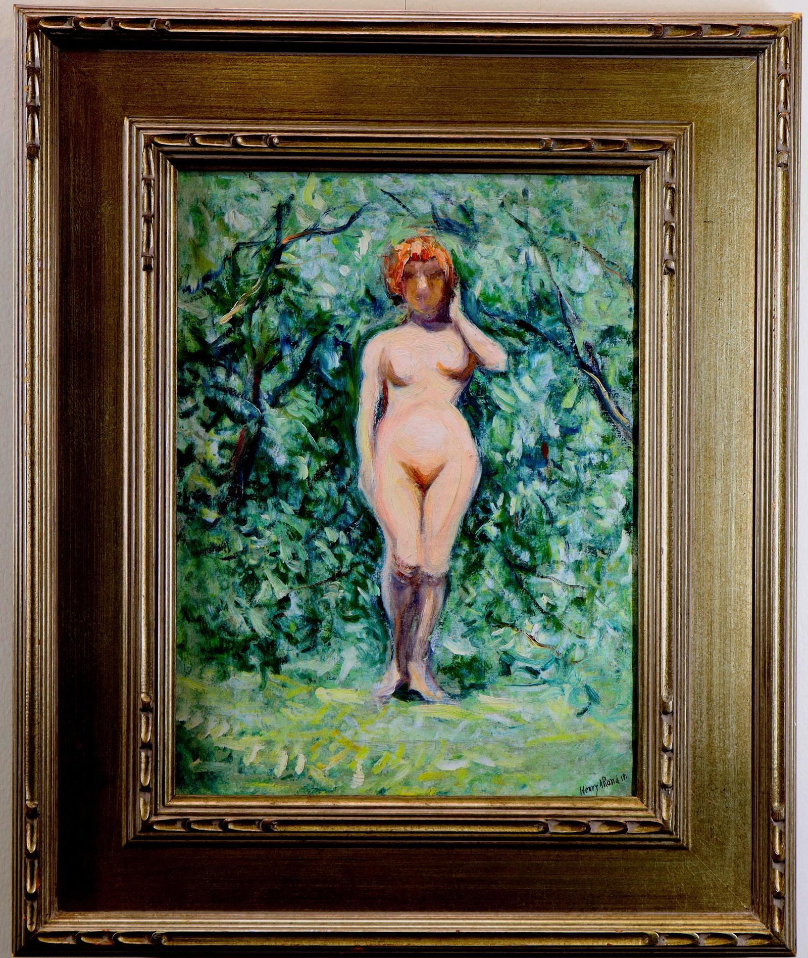 Henry Asbury Rand (1886 - 1961): Oil on canvas, SDLR 1921. Full portrait of a standing female nude. 16"h x 12"w and 23.5"h 19.5"w framed **Please Note: This item is NOT eligible for in-house shipping. Please refer to the terms and co