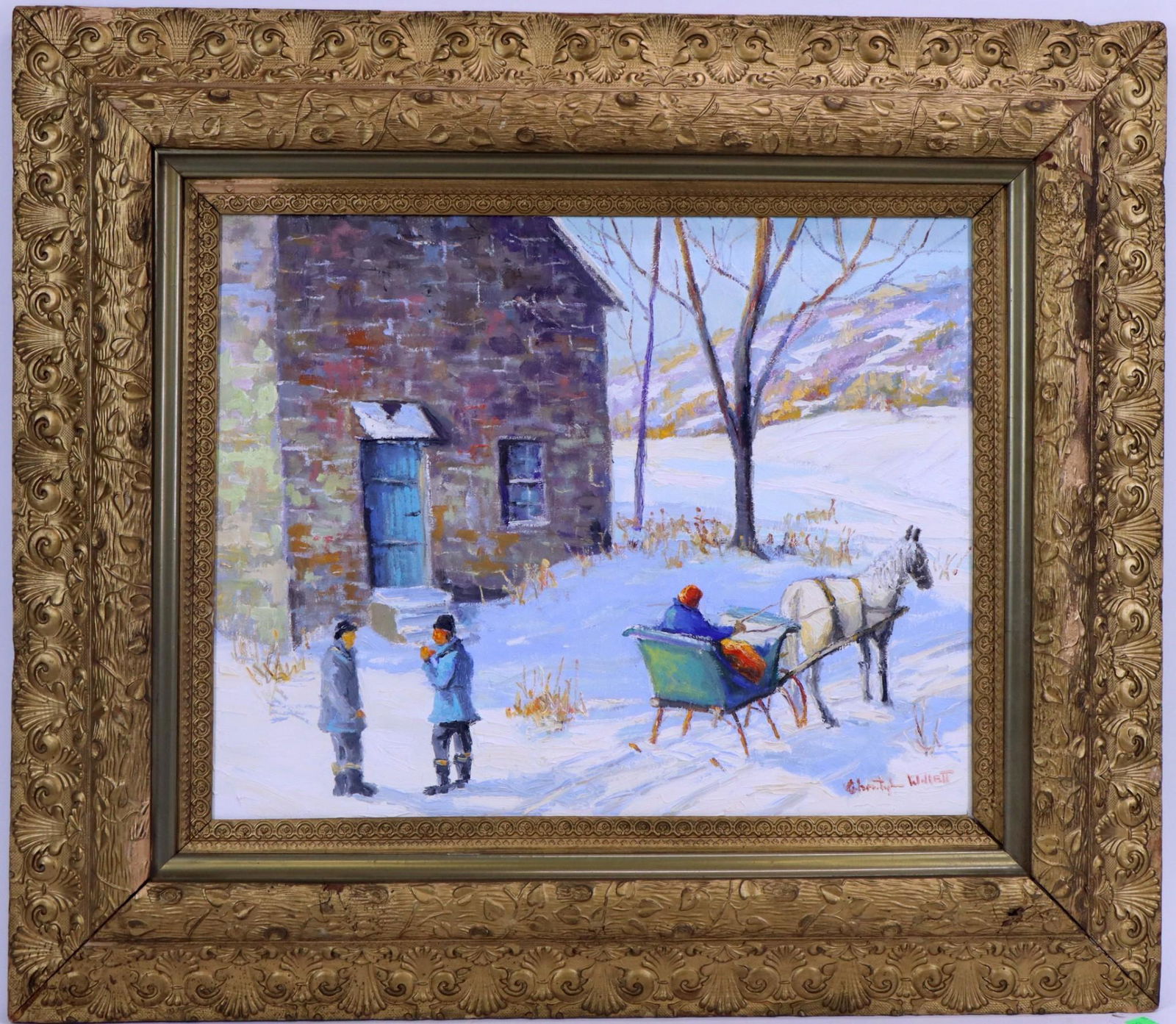 Christopher Willett (born 1959): Oil on canvas, "At the Mill, Tinicum". Scene of people interacting at the mill. 16"h x 20"w and 26"h x 30"w framed **Please Note: This item is NOT eligible for in-house shipping. Please refer to the t