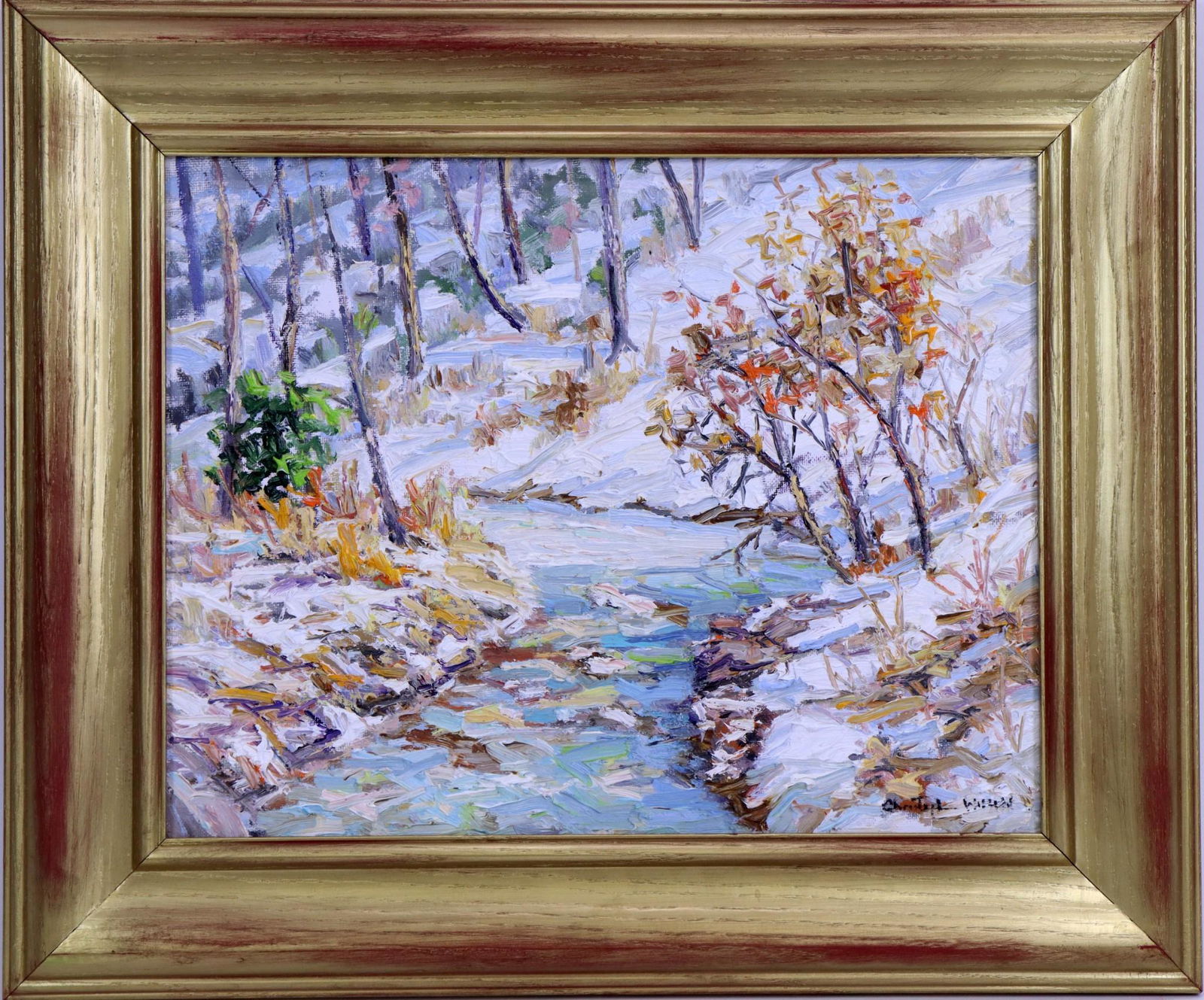 Christopher Willett (born 1959): Oil on board, "Brook along Cuttalass Road", Winter landscape with a view from the brook. 11"h x 14"w and 15.5"h x 18.5"w framed **Please Note: This item is NOT eligible for in-house shipping. Please r