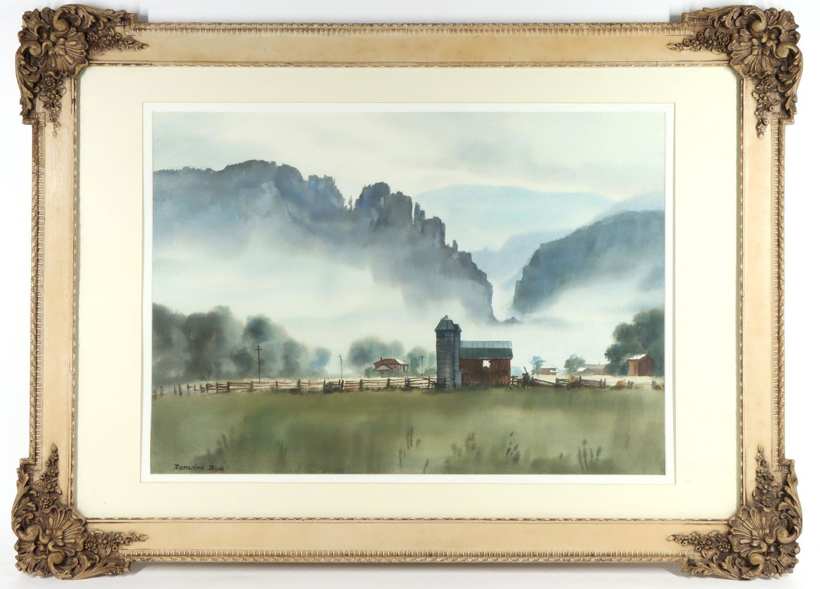 Ranulph Bye (1916 - 2003): Watercolor, SLL. Pastoral landscape with fog draped mountains in the distance. 20.5"h x 28.5"w and 32"h x 44"w framed **Please Note: This item is NOT eligible for in-house shipping. Please refer to th