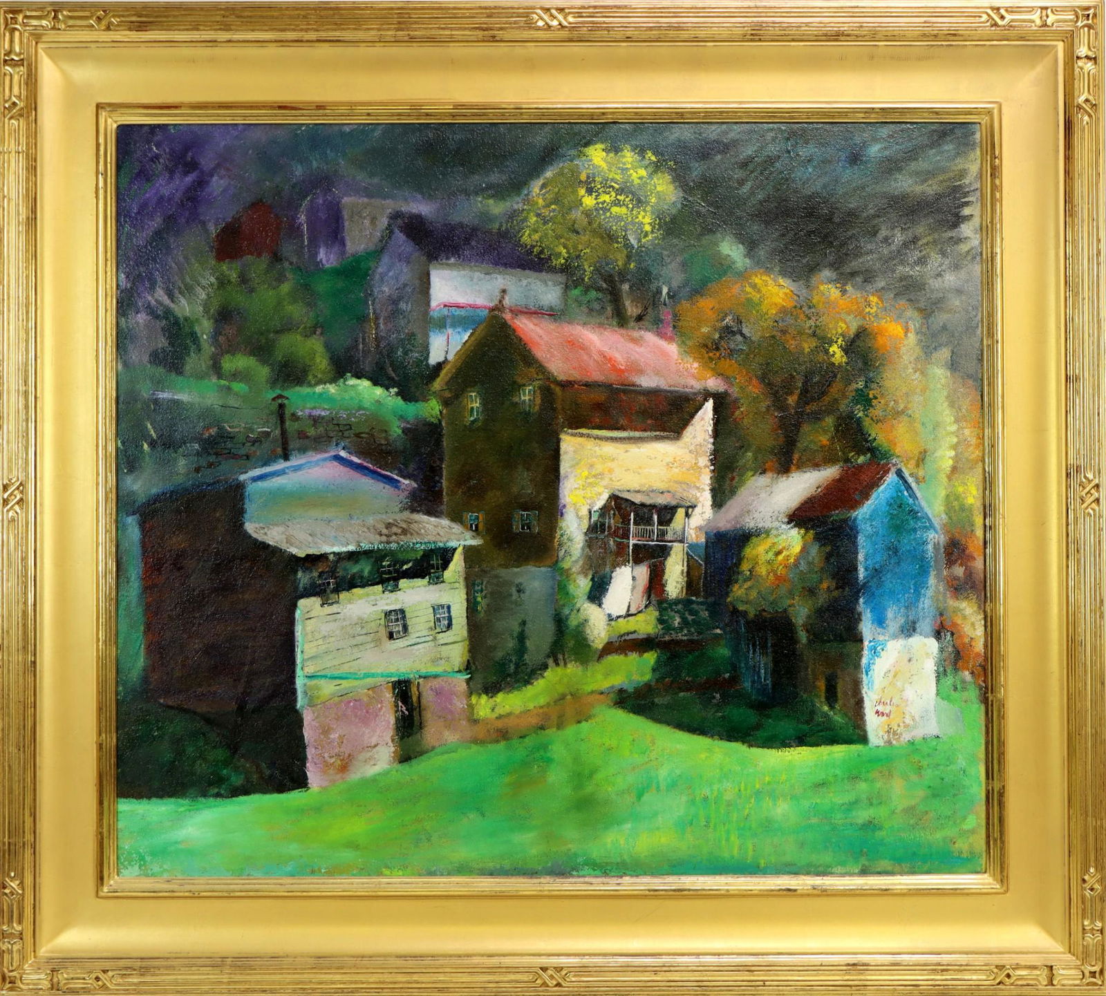 Charles William Ward (1900 - 1962): Oil on canvas, "Prestons Tin Shop, House and Barn", SLR. Double sided canvas featuring the titled house and buildings and a female nude. Both signed. 26"h x 30"w and 34"h x 38"w framed **Please Note: