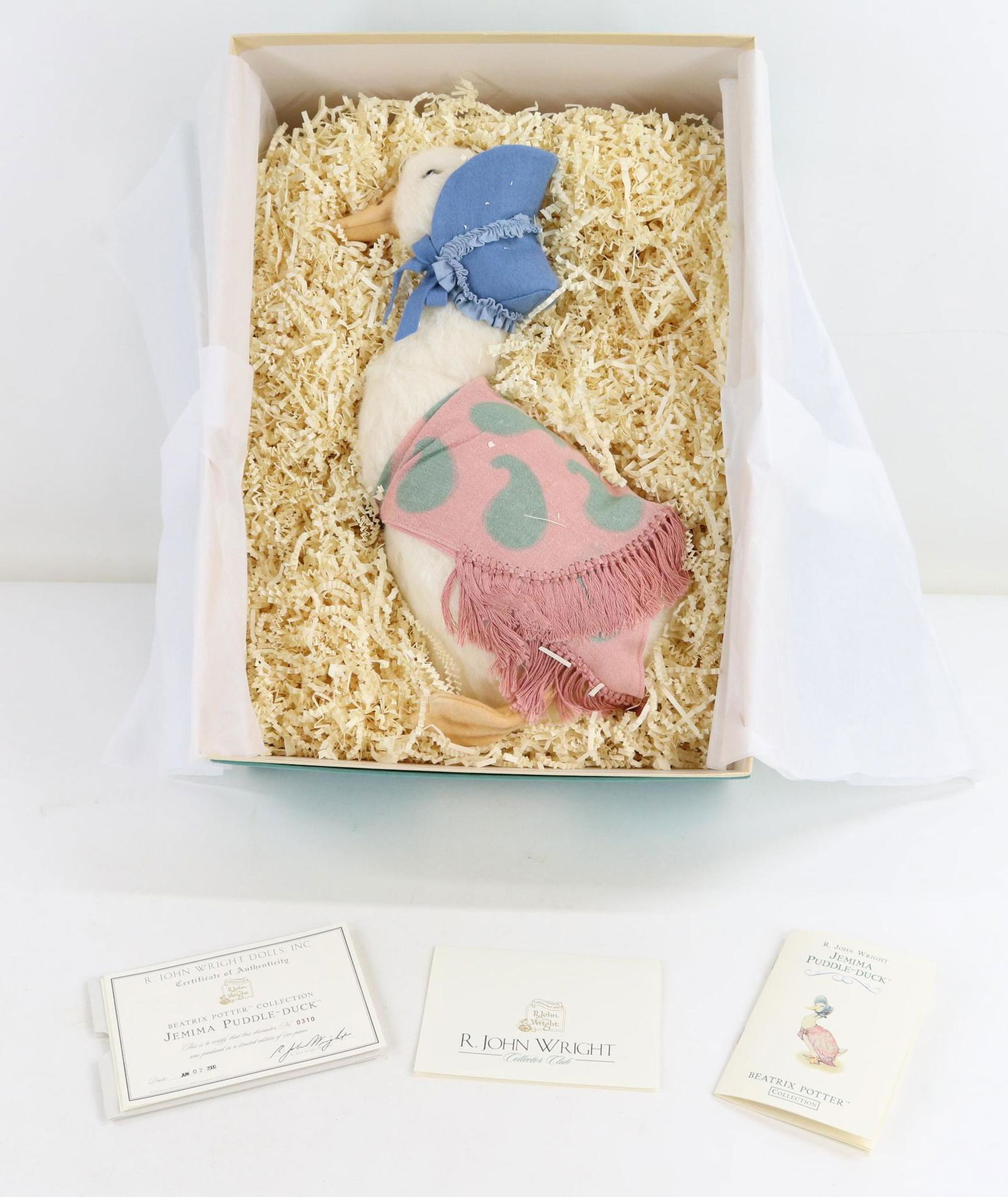 LOT OF R. JOHN WRIGHT.: MIB 14" "Jemima Puddle-Duck" 0310/1500. From the Beatrix Potter Collection. Original sleeve.