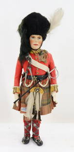 LOT OF CLOTH.: 15" Tagged FARNELL'S Alpha Toys, Made In England male doll. All original doll with molded felt face, painted features. Five pc. cloth body. Dressed in Scottish outfit with black mohair hat, felt jacke