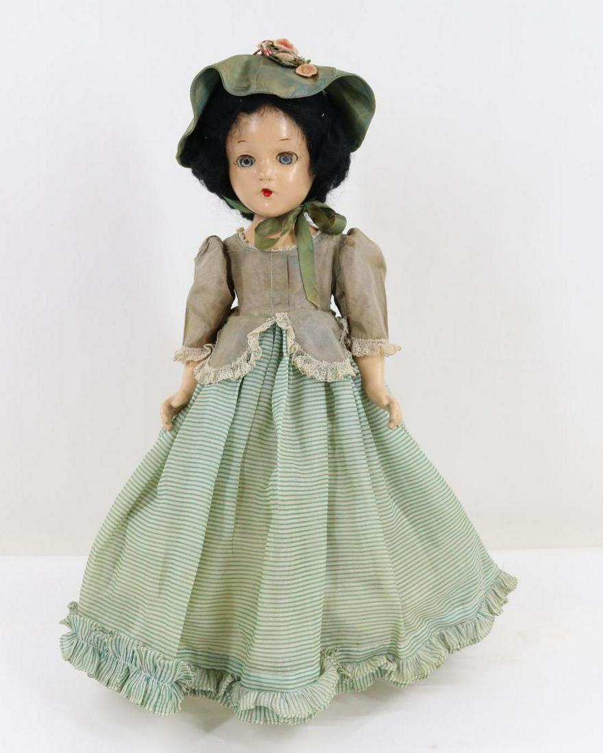 LOT OF COMPOSITION.: 18" 1937 MADAME ALEXANDER tagged "Scarlett O'Hara" doll. Blue sleep eyes, closed mouth, black curled mohair wig. Dressed in factory original gown with green taffeta top, green/white stripe cotton skir