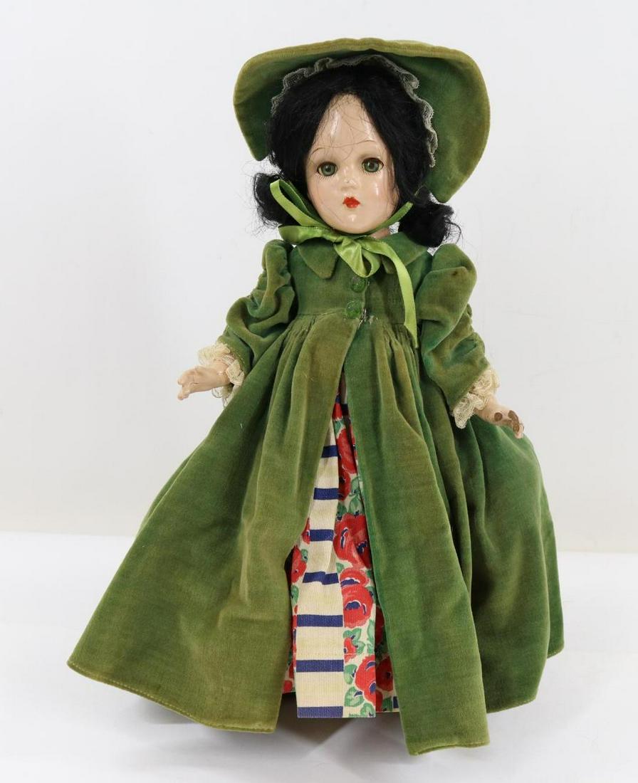 LOT OF COMPOSITION.: 14" 1937 MADAME ALEXANDER tagged "Scarlett O'Hara" doll. Green sleep eyes, closed mouth, black curled human hair wig. Dressed in factory original green velveteen coat with matching bonnet. Floral/stri