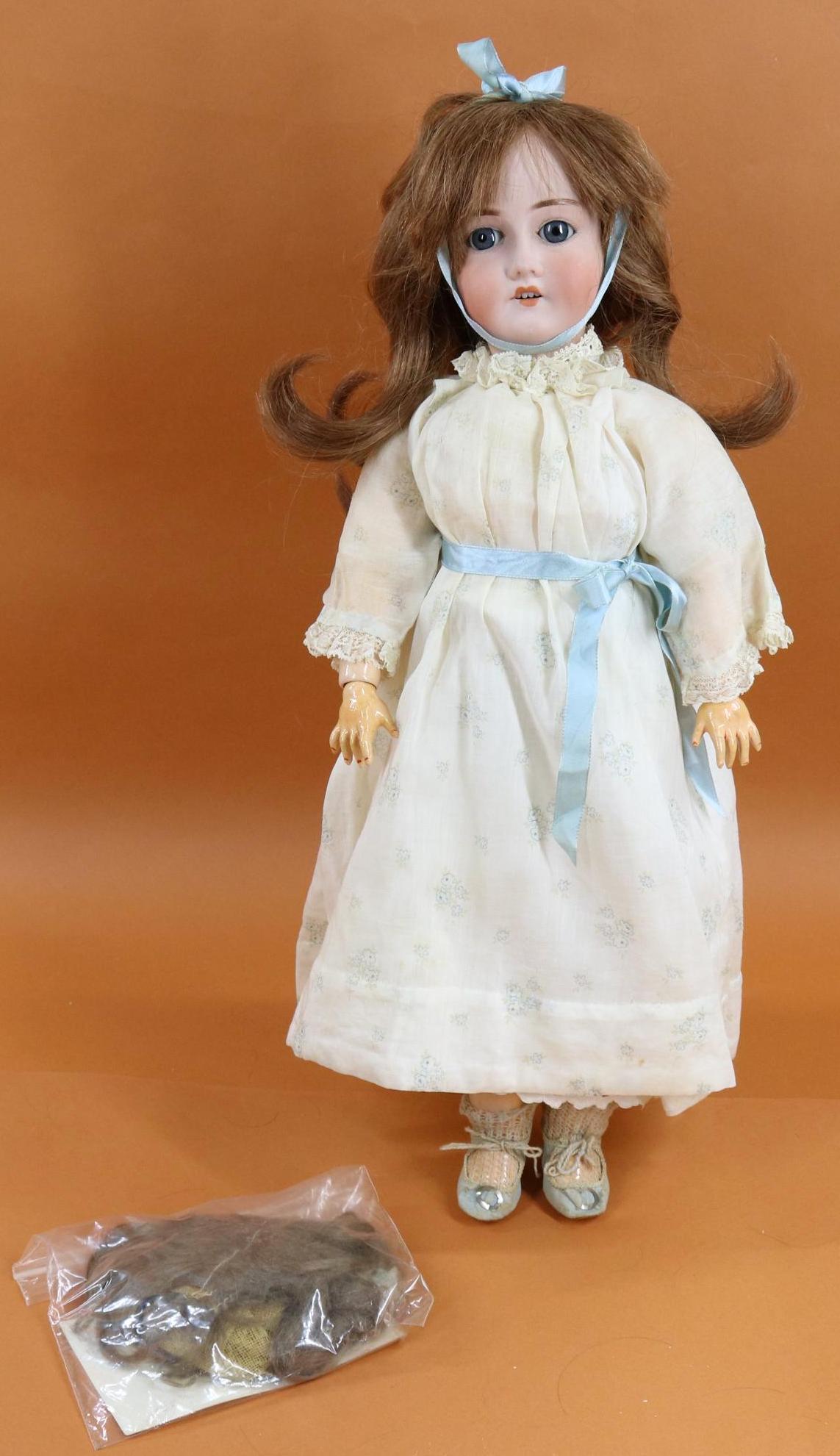 GERMAN BISQUE HEAD DOLL.: This is an original family owned doll. 19 1/2" 1913 GERMANY 0 Doll with blue sleep eyes, open mouth, henna human hair wig (and original brown mohair wig in bag). Very clean papier mache ball jointed b