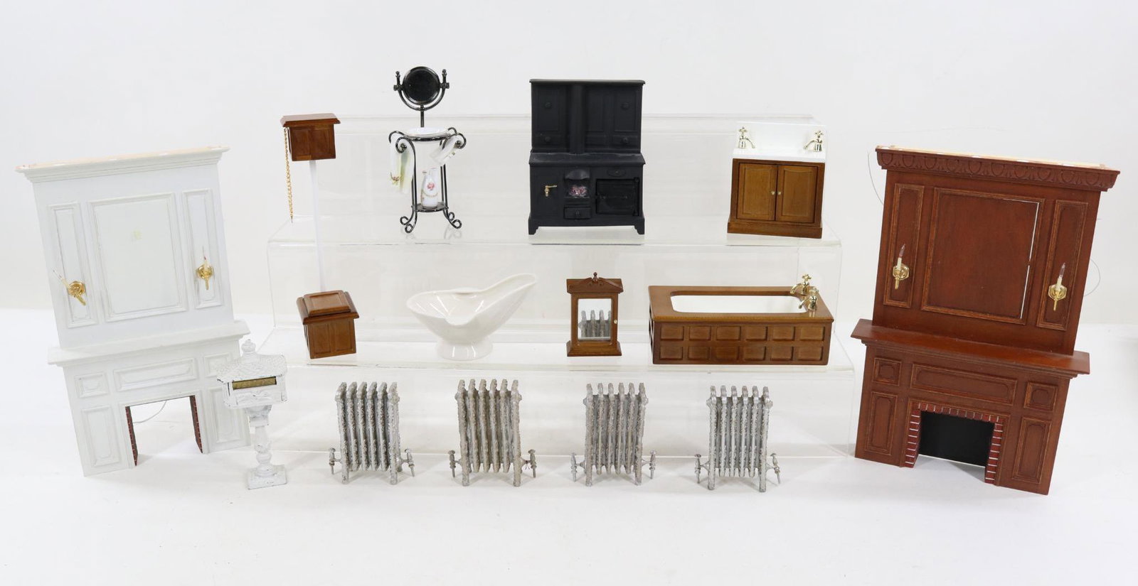 LOT OF MINIATURES/DOLLS.: Lot of furniture. Pair of Mantles signed Leon Greaser, 1990. White and brown. 1/12 Scale. Vintage bathroom (unmarked) - Bathtub, Sink, Water closet. Mirror/medicine closet. China bathtub. Rutter - Met