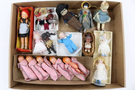 LOT OF MINIATURES/DOLLS.: Lot of all bisque dolls with painted eyes. Set of (5) 4" painted bisque baby dolls. 6" Painted bisque Doll in original box. 4 1/2" molded loop doll. 5" Amish man. 2 1/2" Black doll in peanut. ( All Ja