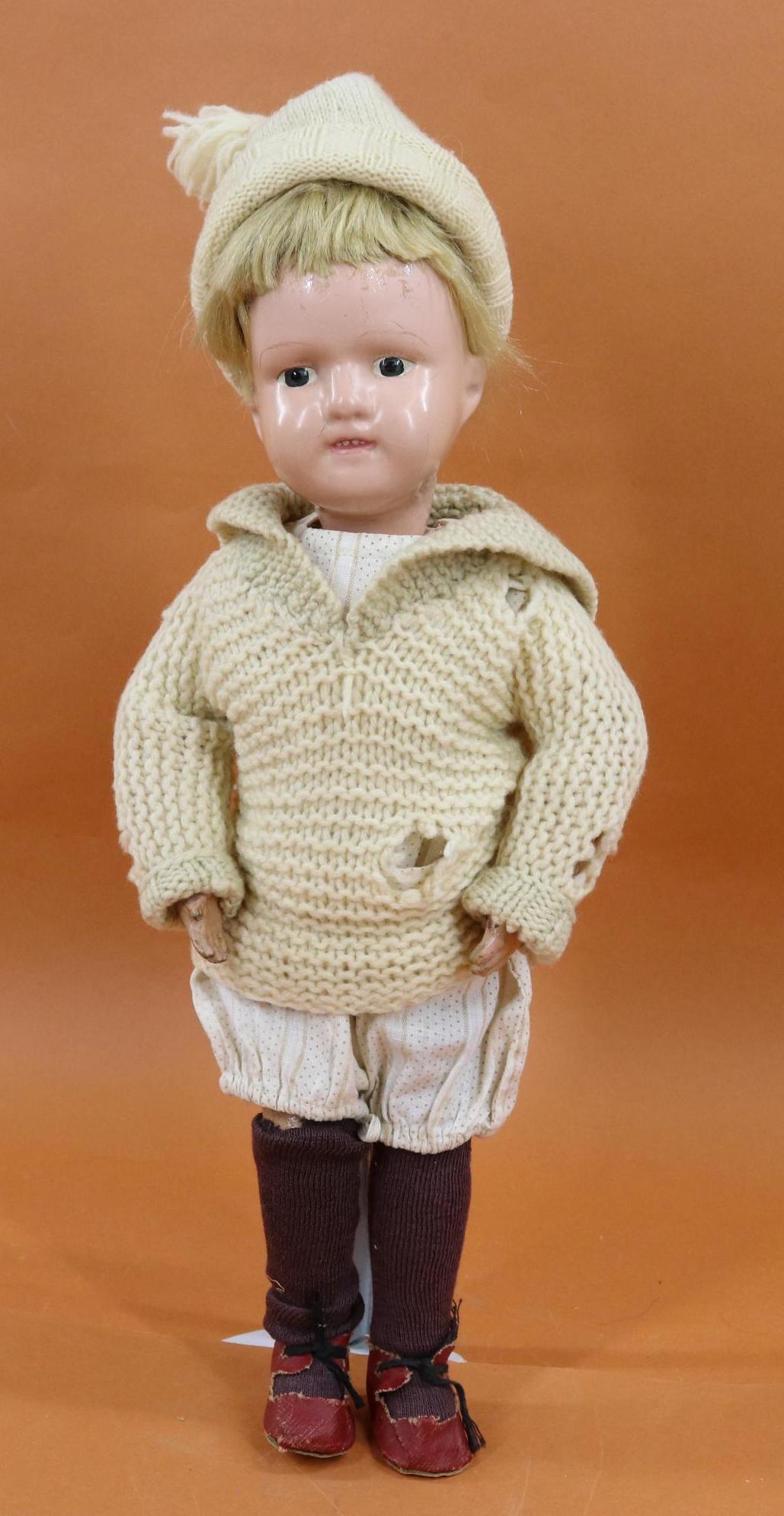 SCHOENHUT LOT.: 15" Model 316 "Miss Dolly" doll with painted blue eyes, blonde mohair wig. Closed mouth with teeth showing. Marked with oval decal on back of torso. No original clothing. Dressed in antique cotton rom