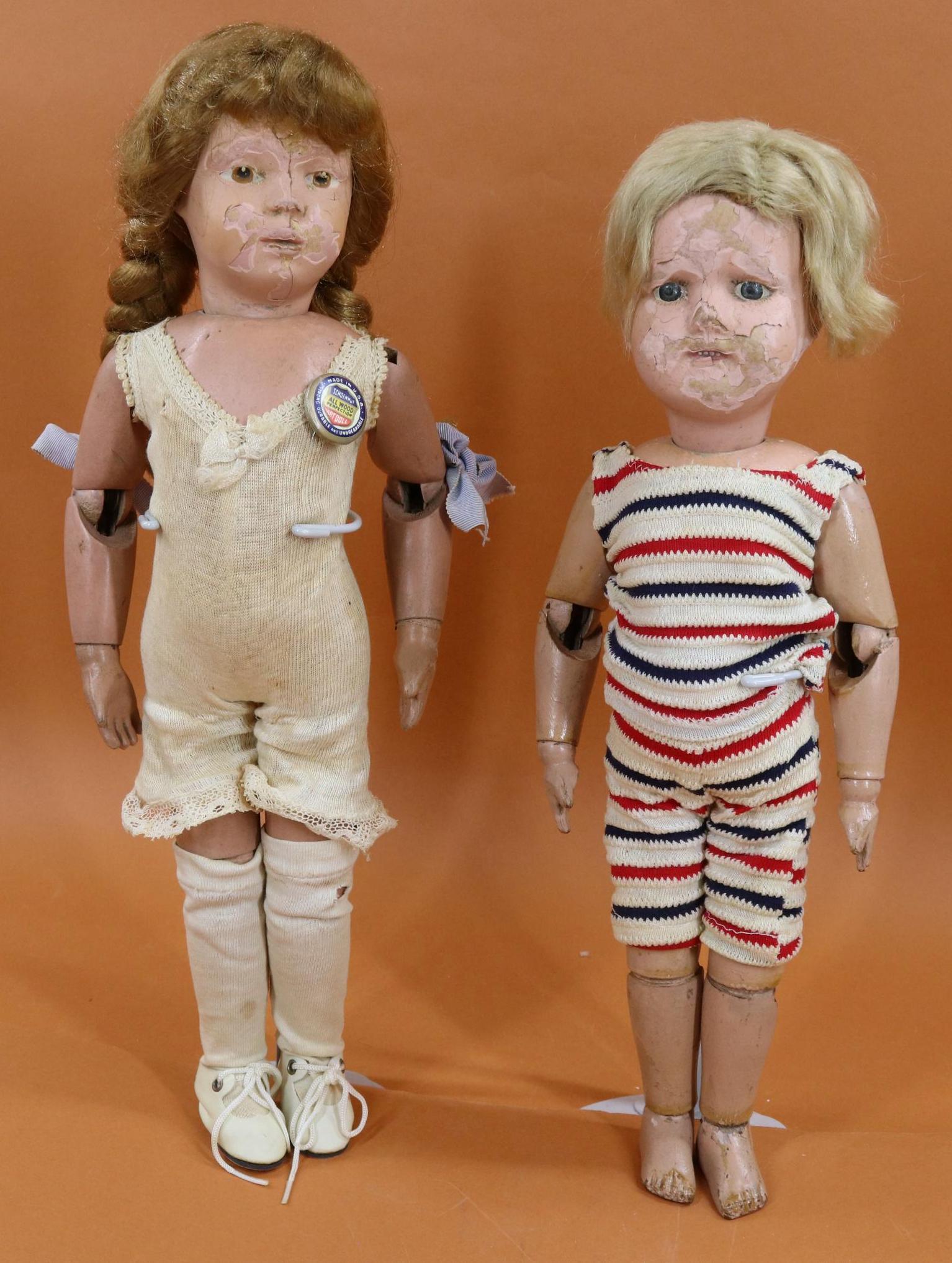 SCHOENHUT LOT.: Pair of dolls. Both have been in a storage locker for years and their faces have both lost a great deal of paint. 15" Model 316 "Miss Dolly". Painted blue eyes, blonde mohair wig. Closed mouth with te