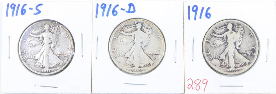 LIBERTY WALKING HALVES: 1916 VG, 1916-D G+, 1916-S F+, 3 coins