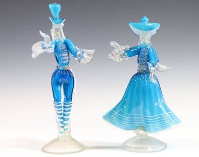 Murano Art Glass Dancing Couple: Italian blown cased glass Goldoni figures in blue Carnevale costumes with gold aventurine. Larger 14"h x 8"w x 5"d **Please Note: This item is NOT eligible for in-house shipping. Please refer to the t