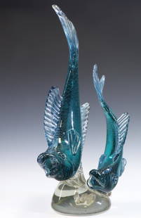 Murano Art Glass Double Fish Centerpiece: Italian blown glass double fish sculpture in blue-green with bullicante decoration. Some damage to a fish. 24.5"h x 9"w x 15"d **Please Note: This item is NOT eligible for in-house shipping. Please