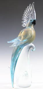 Murano Art Glass Cockatoo: Italian blown glass gold aventurine blue tinted cockatoo. 17"h x 6”w x 5.5”d **Please Note: This item is NOT eligible for in-house shipping. Please refer to the terms and conditions of