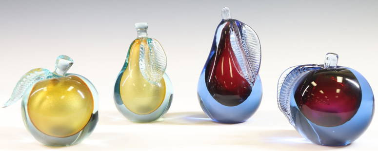 Murano Art Glass Fruit: Italian blown glass blue and gold sommerso apples and pears, (4) pieces. 7"h x 4"w **Please Note: This item is NOT eligible for in-house shipping. Please refer to the terms and conditions of this