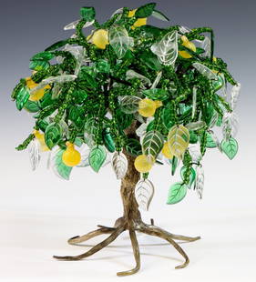 Murano Art Glass Table Top Lemon Tree: Italian blown glass fruit and leaves on a bronze trunk. 14"h x 12"w **Please Note: This item is NOT eligible for in-house shipping. Please refer to the terms and conditions of this auction for