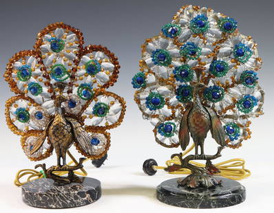 Art Deco Peacock Lamps: Czechoslovakian 1-light peacock lamps, painted and patinated faux bronze bodies with faceted colored and clear glass tails, on marble bases, unmarked. An assembled pair. Turns on. 12"h x 9"w **Please