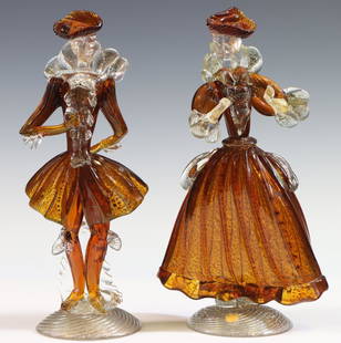 Murano Art Glass Dancing Couple: Italian blown glass Goldoni figures in amber Carnevale costumes with silver aventurine. Larger 11"h x 6"w x 4"d **Please Note: This item is NOT eligible for in-house shipping. Please refer to the