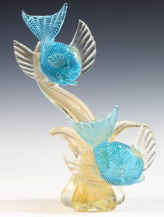 Murano Art Glass Double Fish Centerpiece: Italian blown glass sculpture of fish and coral, blue tinted with gold aventurine and white filigrana. 14"h x 10"w x 5"d **Please Note: This item is NOT eligible for in-house shipping. Please refer to