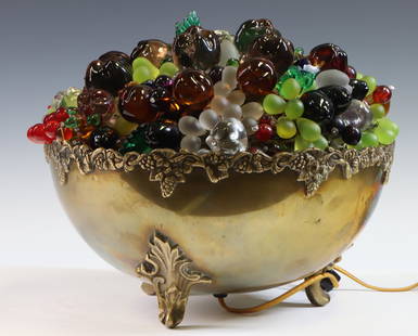 Art Deco Glass Fruit Bowl Lamp: Czechoslovakian colored glass fruit in a brass bowl with light. Turns on. 10"h x 13.5"w **Please Note: This item is NOT eligible for in-house shipping. Please refer to the terms and conditions of this