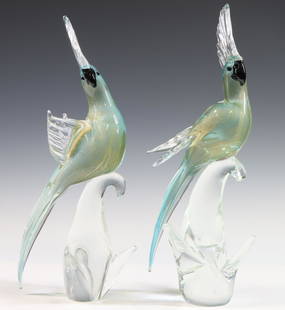 Murano Art Glass Cockatoos: Italian blown glass pair of cockatoos, aquamarine tinted with gold aventurine. 15.5"h x 5"w x 6"d **Please Note: This item is NOT eligible for in-house shipping. Please refer to the terms and