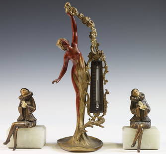 JB Hirsch Bookends with Desk Thermometer: Art Deco "Harlequin" pair of figural bookends, "French Bronze" spelter with celluloid faces and hands, seated on onyx bases, 6"h. Art Nouveau gilded and painted bronze figural desk thermometer of a