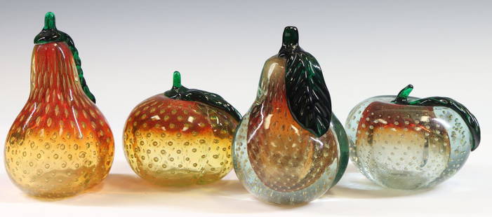 Murano Art Glass Fruit: Italian blown glass blue and gold sommerso and bullicante apples and pears, (4) pieces. 7"h **Please Note: This item is NOT eligible for in-house shipping. Please refer to the terms and conditions of