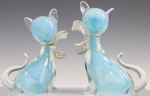 Murano Art Glass Cats: Italian blown glass blue sommerso pair of cat sculptures. 5.5"h and 6"h **Please Note: This item is NOT eligible for in-house shipping. Please refer to the terms and conditions of this auction for rec