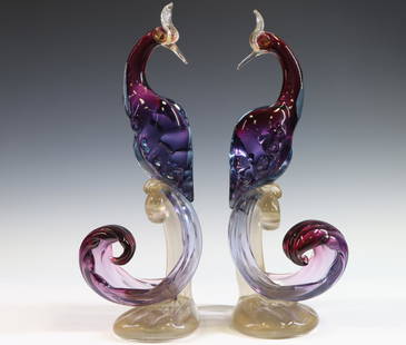 Murano Art Glass Birds: Italian blown glass purple sommerso and gold aventurine pair of birds of paradise. Damage to a tail. 17"h x 6"w x 7"d **Please Note: This item is NOT eligible for in-house shipping. Please refer to