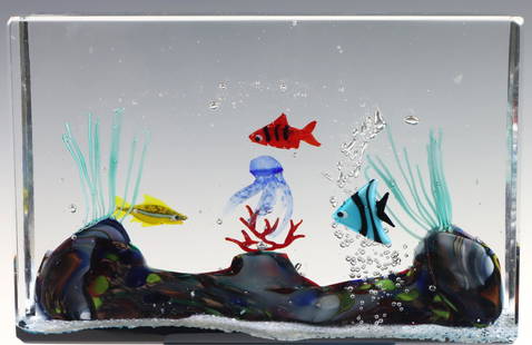 Murano Art Glass Aquarium: Italian blown and cast glass aquarium block with fish, octopus, coral, and bubbles, with Vetro Artistico Murano label and etched signature. 5.5"h x 8.5"w x 2.5"d **Please Note: This item is NOT