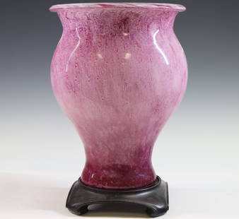 Cluthra Vase: Rose cluthra baluster vase attributed to Steuben. 13.5"h x 10"w **Please Note: This item is NOT eligible for in-house shipping. Please refer to the terms and conditions of this auction for