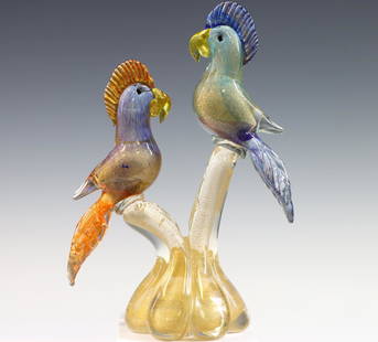 Murano Art Glass Double Bird Sculpture: Italian blown glass polychrome sommerso and gold aventurine double birds of paradise sculpture. 9.75"h x 7"w x 4"d **Please Note: This item is NOT eligible for in-house shipping. Please refer to the