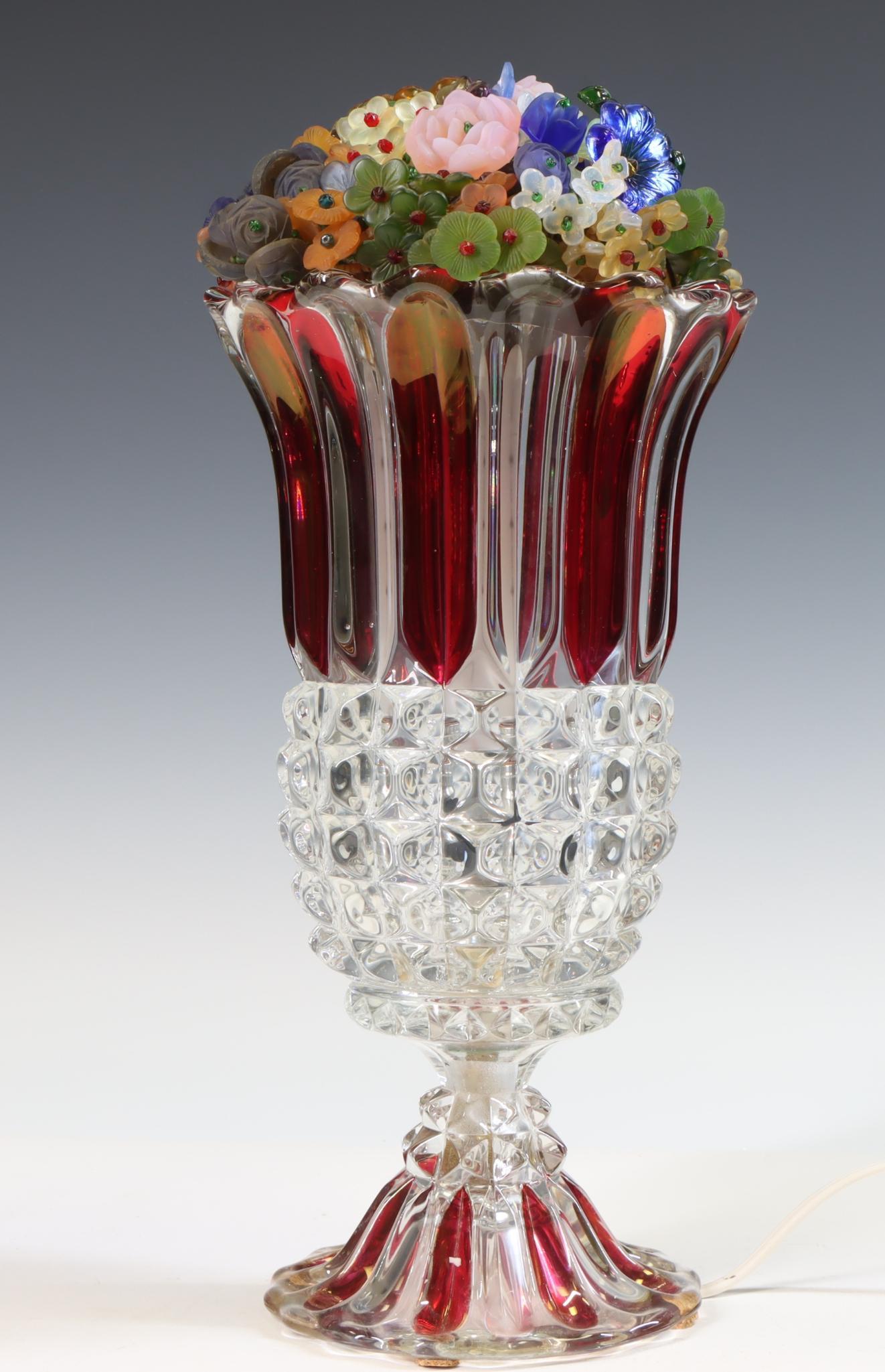 Ruby Vase Lamp with Art Glass Flowers (1 of 7)