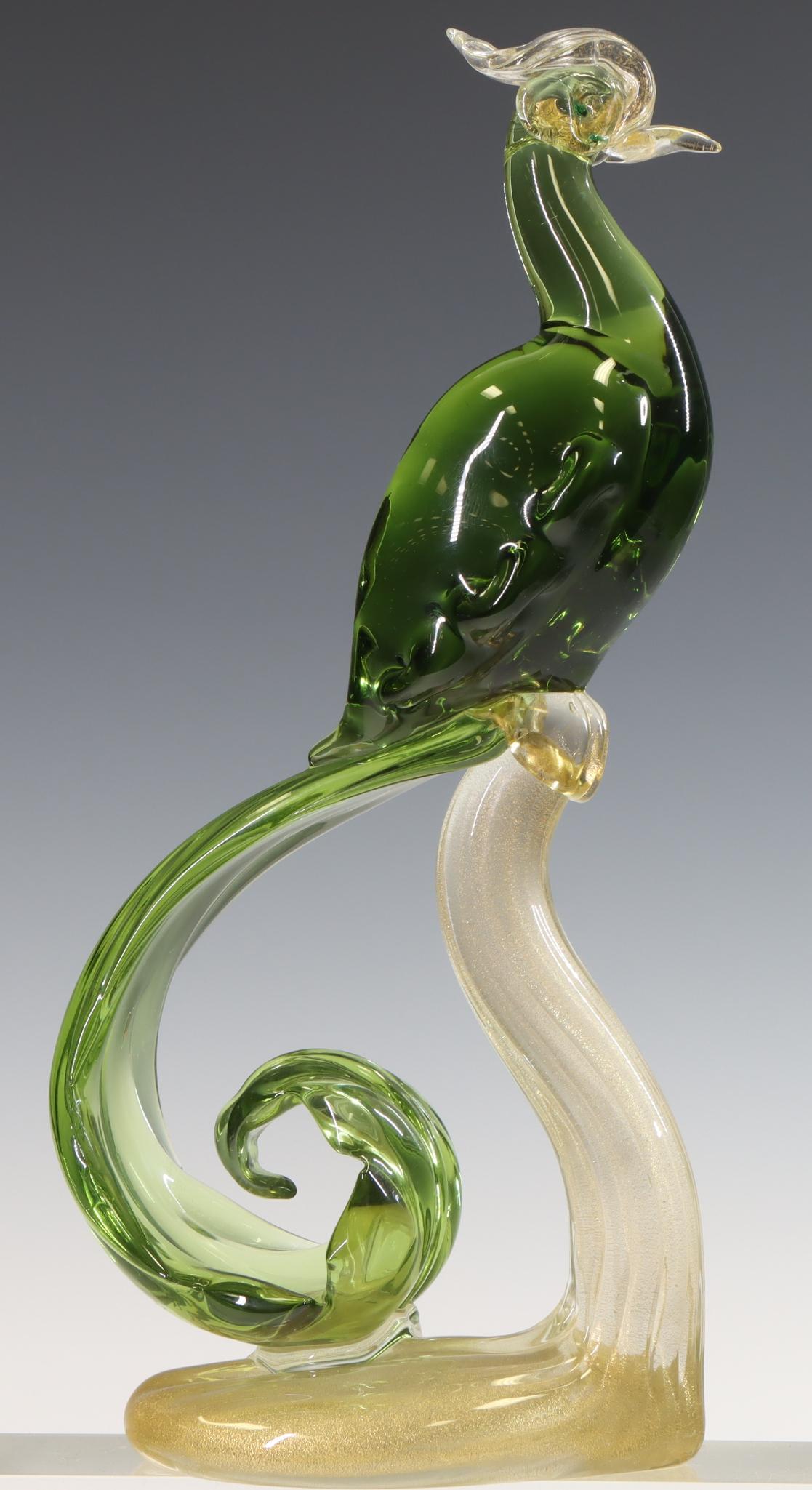 Murano Art Glass Bird of Paradise: Italian blown glass green and gold aventurine bird of paradise, manner of Alfredo Barbini. 12"h x 3"w x 6"d **Please Note: This item is NOT eligible for in-house shipping. Please refer to the terms an