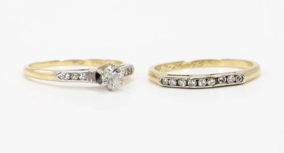 14K Gold Diamond Rings. Bridal Set: Bridal set features diamonds set in 14kw gold on yellow shanks. Engagement ring is set with a round diamond, 4.2mm, flanked by round channel set diamonds. Matching band is channel set with round