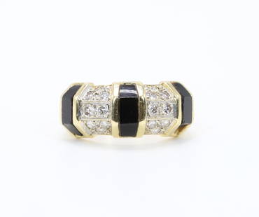 14KY Gold Black Onyx and Diamond Ring: Ring in 14ky yellow gold features black onyx inlay with round diamonds, approx. .40ctw. 10mm wide, size 7.5. 10.1gtw