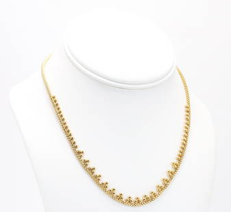 18KY Gold Necklace: Necklace in 18ky gold features a bead design on mesh snake chain, 7.1mm wide, 16" long. 12.6gtw