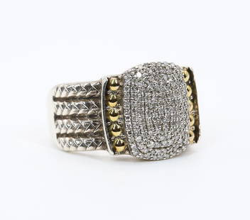 EFFY Sterling Silver 18KY Gold Diamond Ring: EFFY diamond ring in sterling silver features a cluster of pave set round diamonds, approx. .39ctw flanked by 18ky gold bead detailing. 14.3mm wide, size 7. 9.3gtw