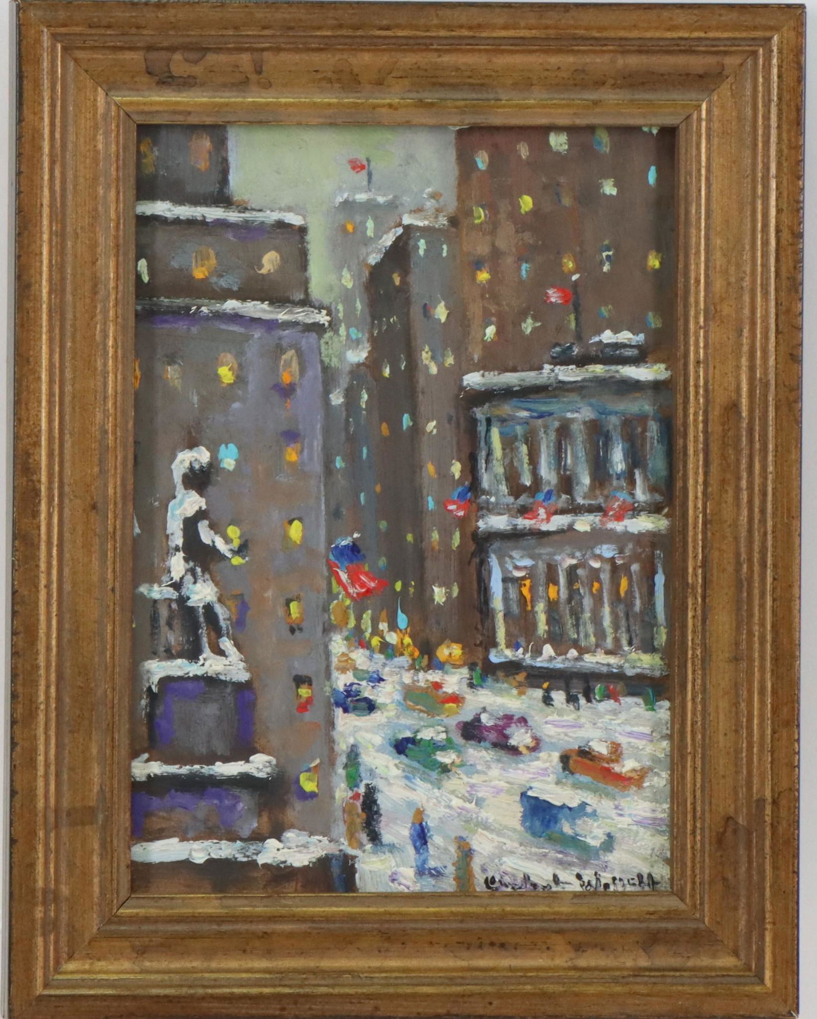 Christopher G. Willett (Born 1959): Oil on board, "Wall Street, N.Y.", SLR. Winter landscape looking over Wall St. 7"h x 5"w and 8.75"h x 6.75"w **Please Note: This item is NOT eligible for in-house shipping. Please refer to the terms a