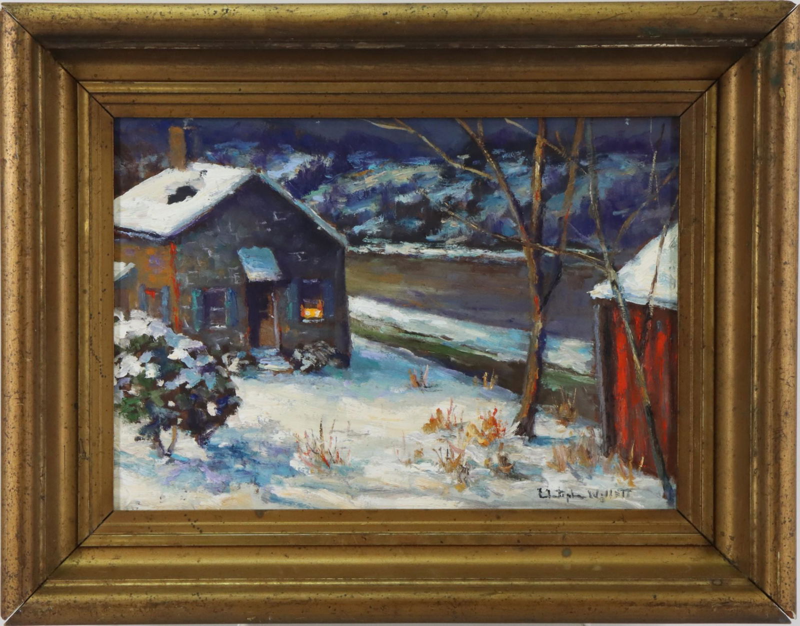 Christopher G. Willett (Born 1959): Oil on board, "Canal House, River Road Above New Hope, Bucks County", SLR. 9.25"h x 13.25"w and 13"h x 16.75"w framed **Please Note: This item is NOT eligible for in-house shipping. Please refer to th